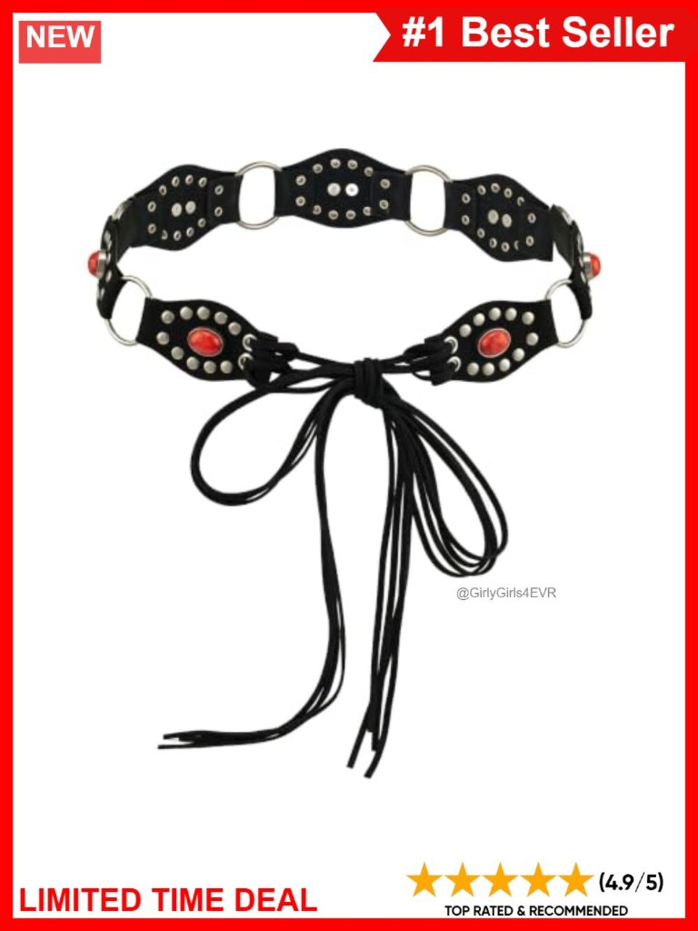 Western Concho Belt with Red Stone and Silver Studs Adjustable Tie